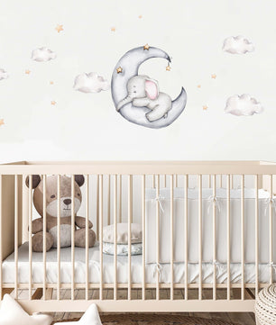Vinilos decorativos Adhesivos infantiles de Pared Elefante en luna con nubes