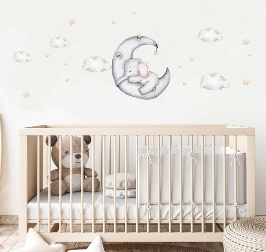 Vinilos decorativos Adhesivos infantiles de Pared Elefante en luna con nubes