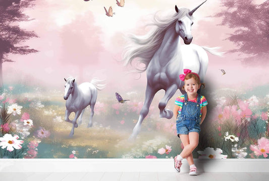 Papel para paredes Unicornio en Campo con flores