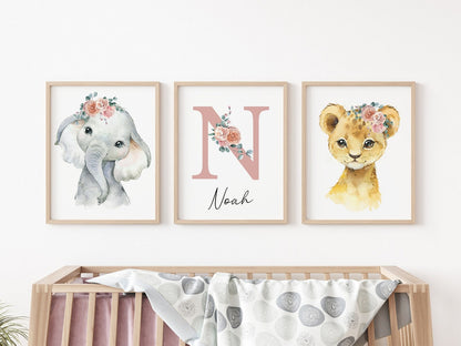 Cuadros Decorativos infantiles Modernos Animales con flores y nombre personalizado