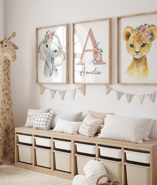 Cuadros Decorativos infantiles Modernos Animales con flores y nombre personalizado