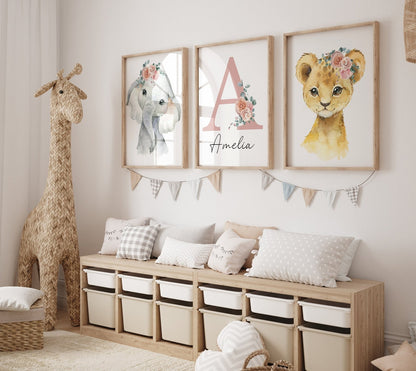 Cuadros Decorativos infantiles Modernos Animales con flores y nombre personalizado