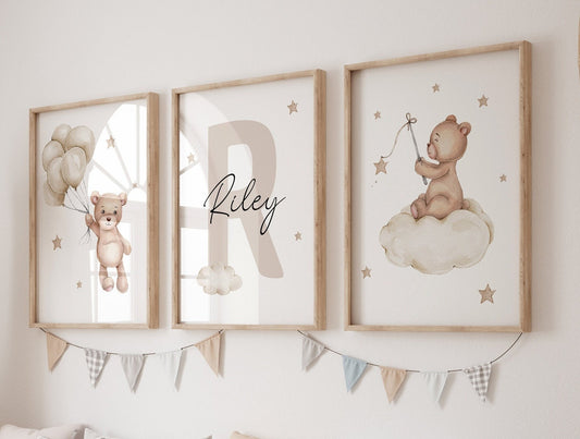 Cuadros Decorativos infantiles Modernos Osos en nube con nombre personalizado