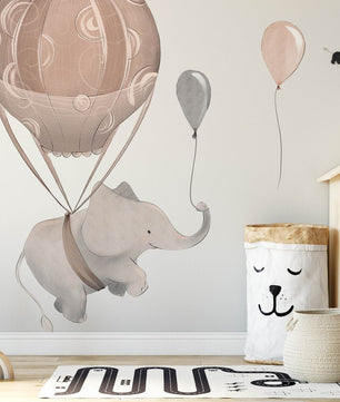 Vinilos decorativos Adhesivos infantiles de Pared Elefantes con globo aerostatico marron
