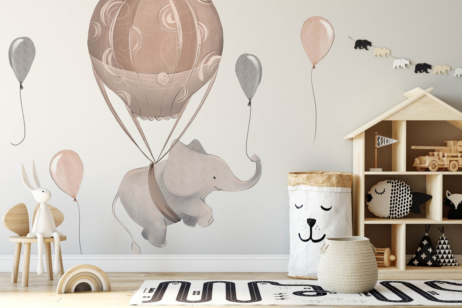Vinilos decorativos Adhesivos infantiles de Pared Elefantes con globo aerostatico marron