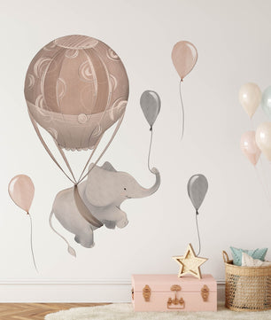 Vinilos decorativos Adhesivos infantiles de Pared Elefantes con globo aerostatico marron