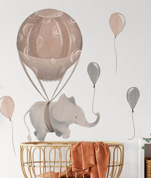 Vinilos decorativos Adhesivos infantiles de Pared Elefantes con globo aerostatico marron