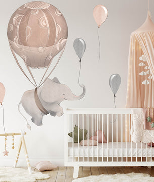 Vinilos decorativos Adhesivos infantiles de Pared Elefantes con globo aerostatico marron