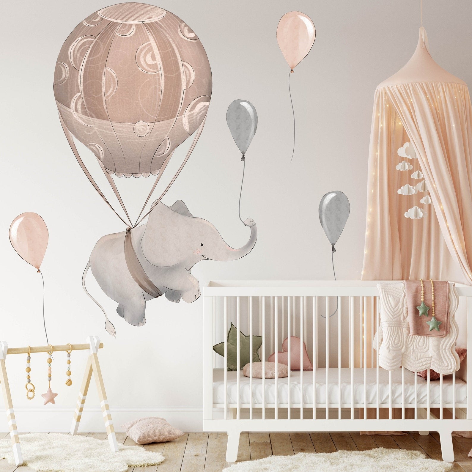 Vinilos decorativos Adhesivos infantiles de Pared Elefantes con globo aerostatico marron