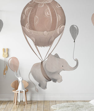 Vinilos decorativos Adhesivos infantiles de Pared Elefantes con globo aerostatico marron