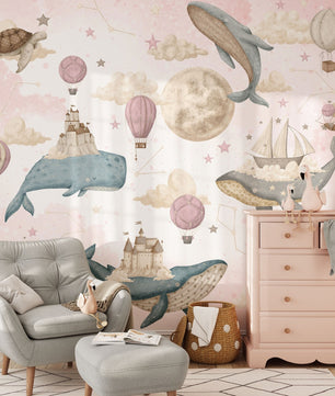 Papel para paredes ballenas voladoras rosadas