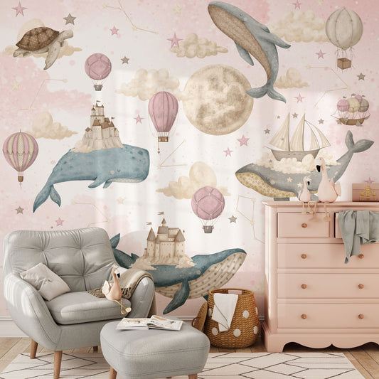 Papel para paredes ballenas voladoras rosadas