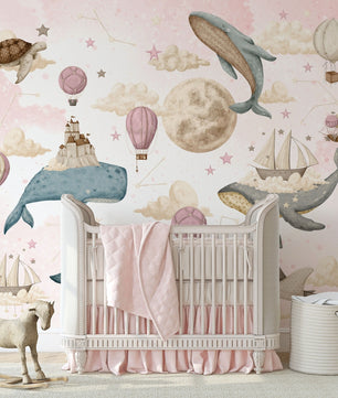 Papel para paredes ballenas voladoras rosadas