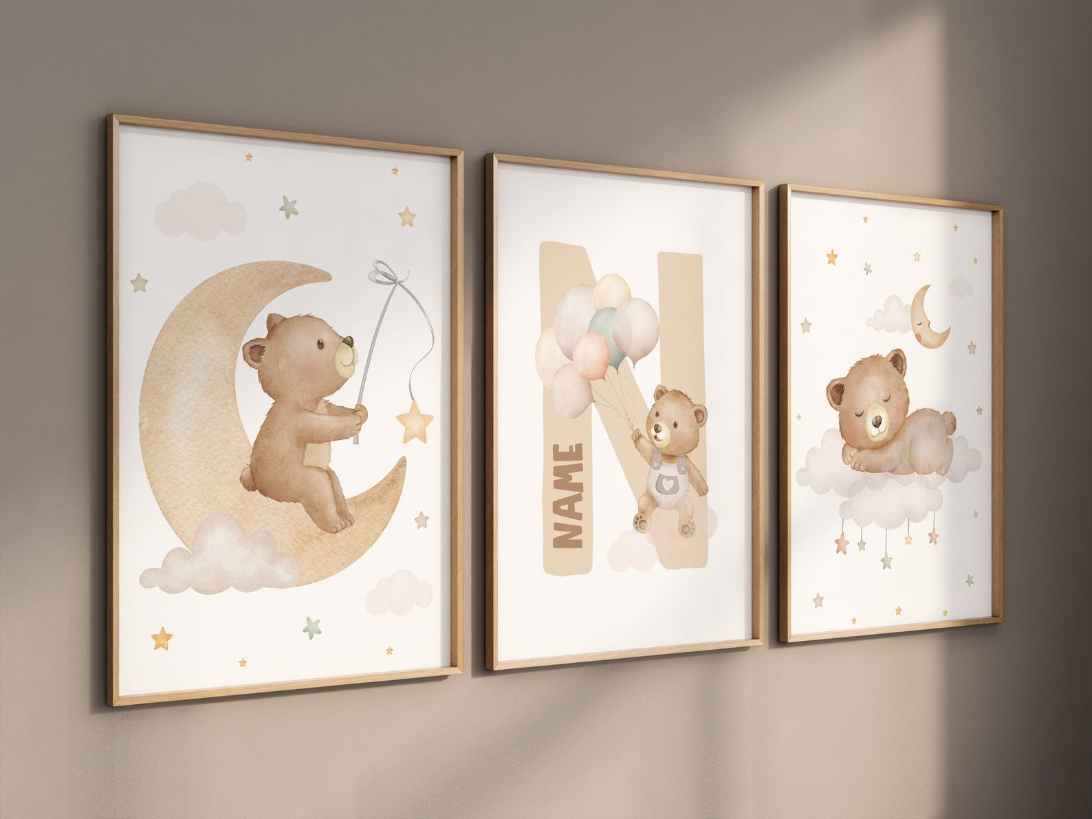 Cuadros Decorativos infantiles Modernos osos en luna y nube con nombre