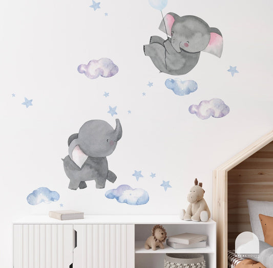 Vinilos decorativos Adhesivos infantiles de Pared Elefantes con nubes y estrellas