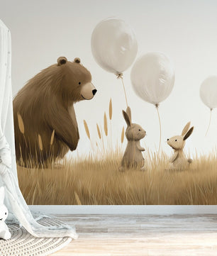 Papel para paredes osos y conejitos con globos