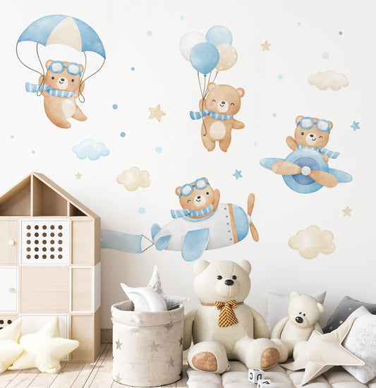 Vinilos decorativos Adhesivos infantiles de Pared de oso aviadores bebe (0154)