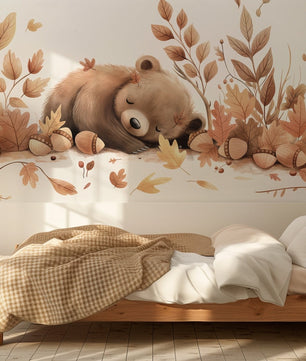 Papel para paredes Oso dormido con Hojas