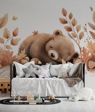 Papel para paredes Oso dormido con Hojas