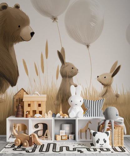 Papel para paredes osos y conejitos con globos