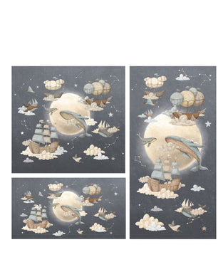 Papel para paredes luna con ballenas voladoras