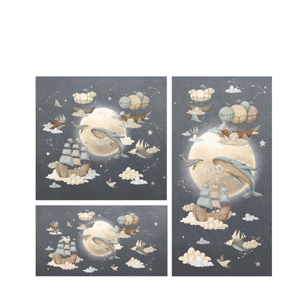 Papel para paredes luna con ballenas voladoras