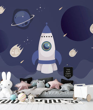 Papel para paredes Cohete en galaxia azul