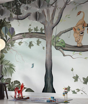 Papel para paredes Rey leon en arbol acuarela