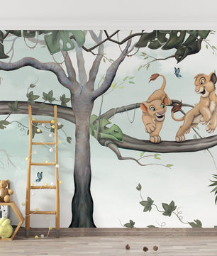 Papel para paredes Rey leon en arbol acuarela