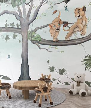 Papel para paredes Rey leon en arbol acuarela