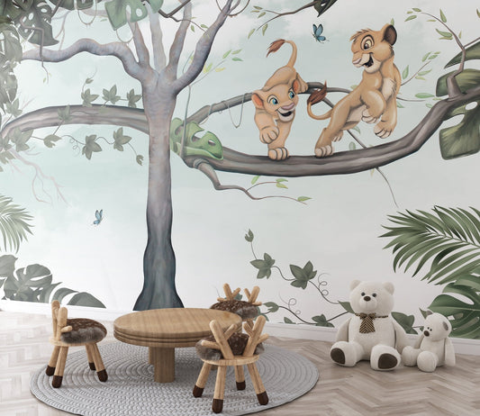Papel para paredes Rey leon en arbol acuarela