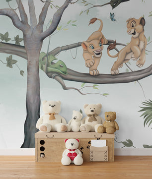 Papel para paredes Rey leon en arbol acuarela