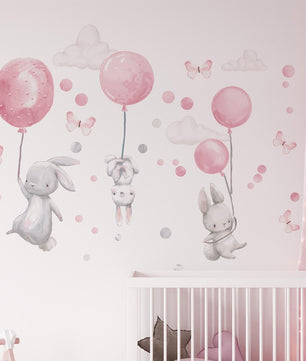 Vinilos decorativos Adhesivos infantiles de Pared  Conejo con Globos rosados