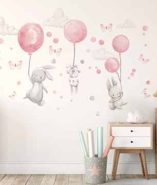 Vinilos decorativos Adhesivos infantiles de Pared  Conejo con Globos rosados