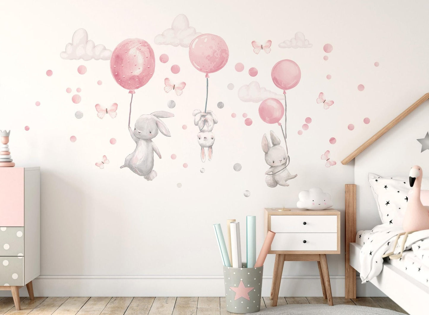 Vinilos decorativos Adhesivos infantiles de Pared  Conejo con Globos rosados