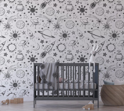 Papel para paredes astronauta Mosaico blanco y negro2
