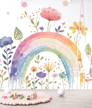 Papel para paredes Arcoiris con flores acuarela