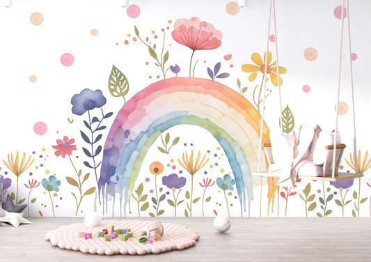 Papel para paredes Arcoiris con flores acuarela