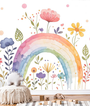 Papel para paredes Arcoiris con flores acuarela