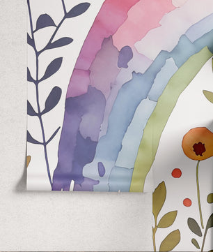 Papel para paredes Arcoiris con flores acuarela