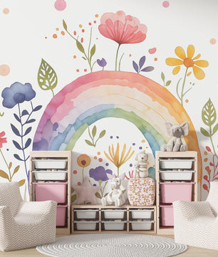 Papel para paredes Arcoiris con flores acuarela
