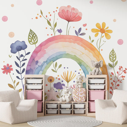 Papel para paredes Arcoiris con flores acuarela