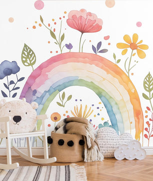 Papel para paredes Arcoiris con flores acuarela