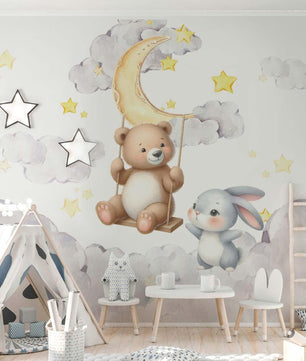 Papel para paredes Osito en Columpio con Conejo