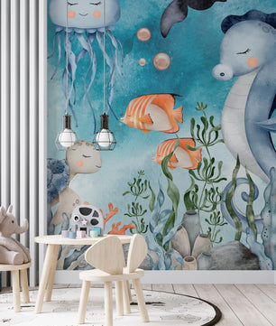 Papel para paredes Fondo Marino con Algas Caballito de Mar