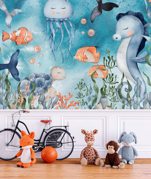 Papel para paredes Fondo Marino con Algas Caballito de Mar