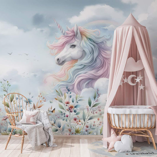 Papel para paredes Unicornio con flores