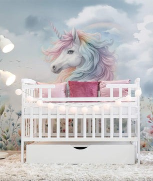 Papel para paredes Unicornio con flores
