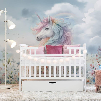 Papel para paredes Unicornio con flores