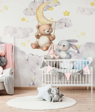 Papel para paredes Osito en Columpio con Conejo